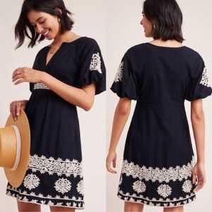 Anthropologie Orla Embroidered Motif Black Bubble sleeves Mini Dress